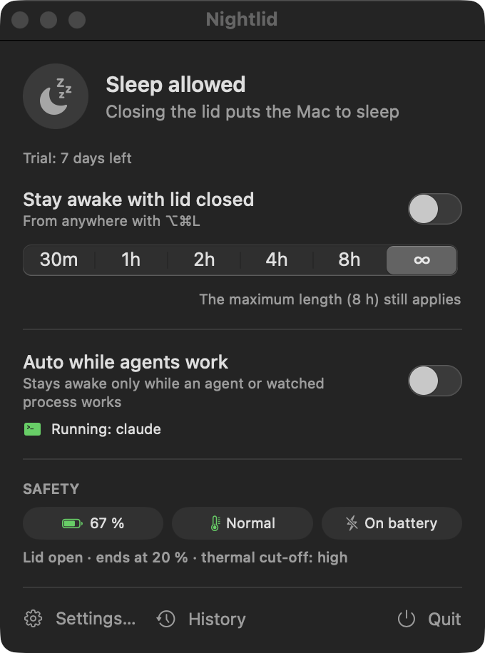 The Nightlid menu: Sleep allowed; a switch to stay awake with the lid closed (⌥⌘L), timer buttons from 30 minutes to 8 hours or unlimited, an Auto switch that stays awake only while an agent or watched process works (claude is running), and safety status: battery 68 %, temperature normal, on battery.
