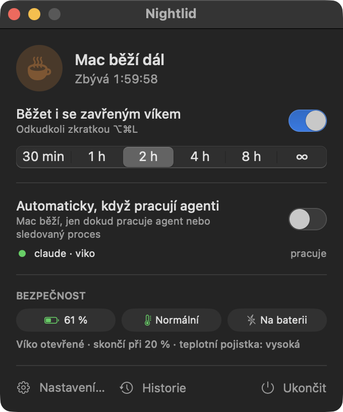 Nabídka Nightlidu během dvouhodinového časovače: Mac zůstává vzhůru, zbývá 1:59:56.