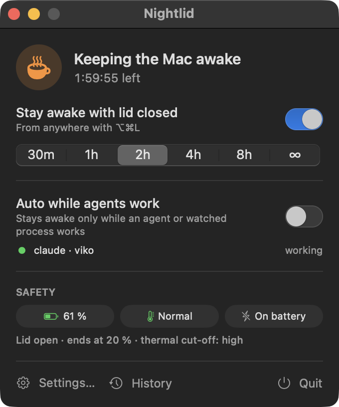 The Nightlid menu during a 2-hour timer: Keeping the Mac awake, 1:59:56 left.