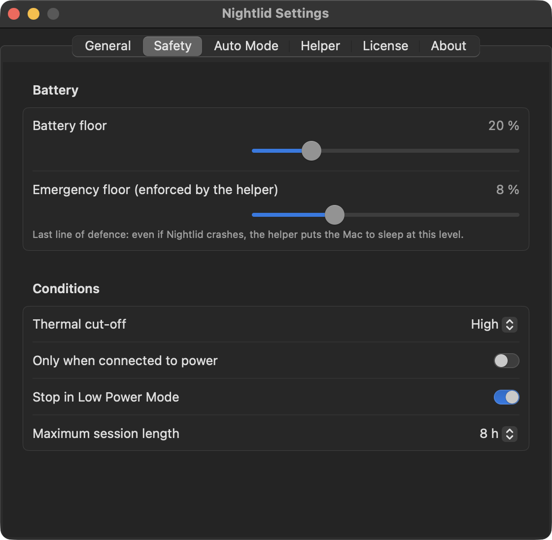 Settings, Safety tab: battery floor 20 %, emergency floor enforced by the helper 8 %, thermal cut-off High, only when connected to power, stop in Low Power Mode, maximum session length 8 h.